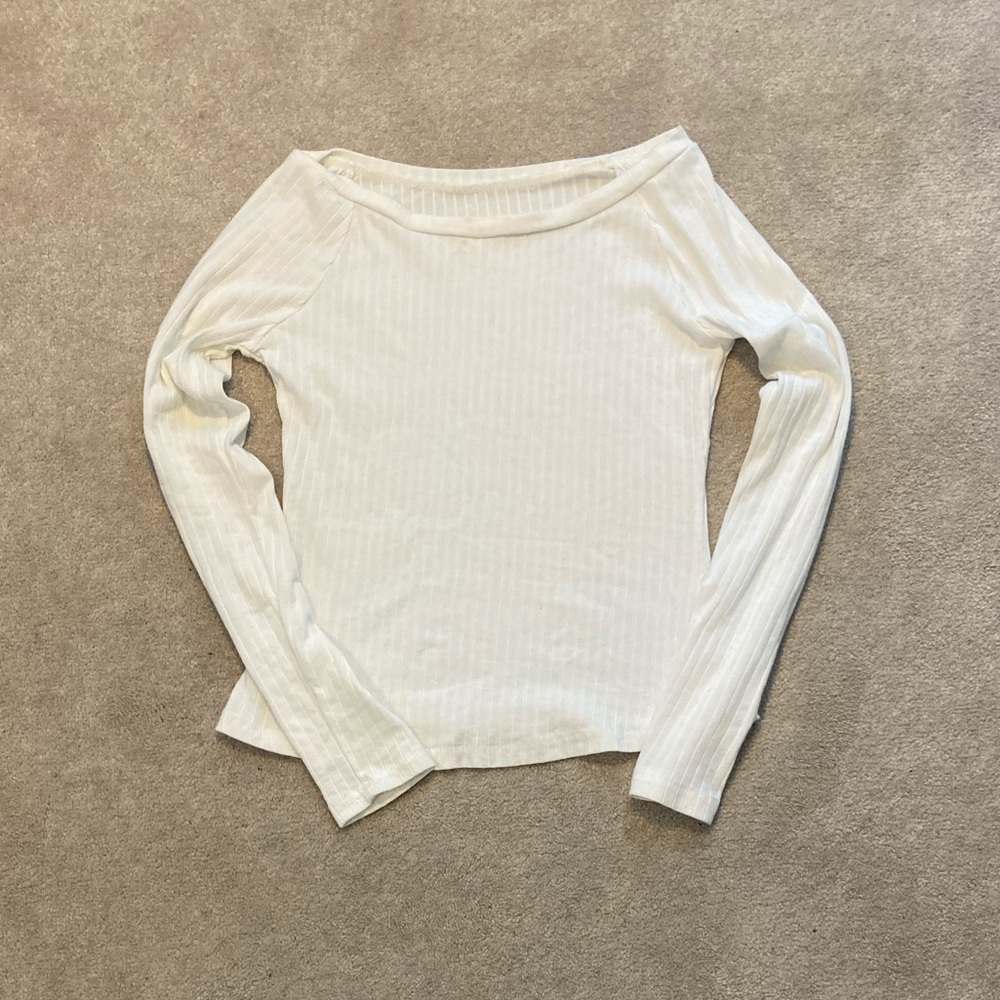 White Long Sleeved Rib-Knit Shirt - Picture 2 of 6